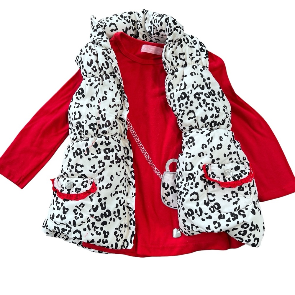 Girls Dressy red shirt with a white Animal print vest.